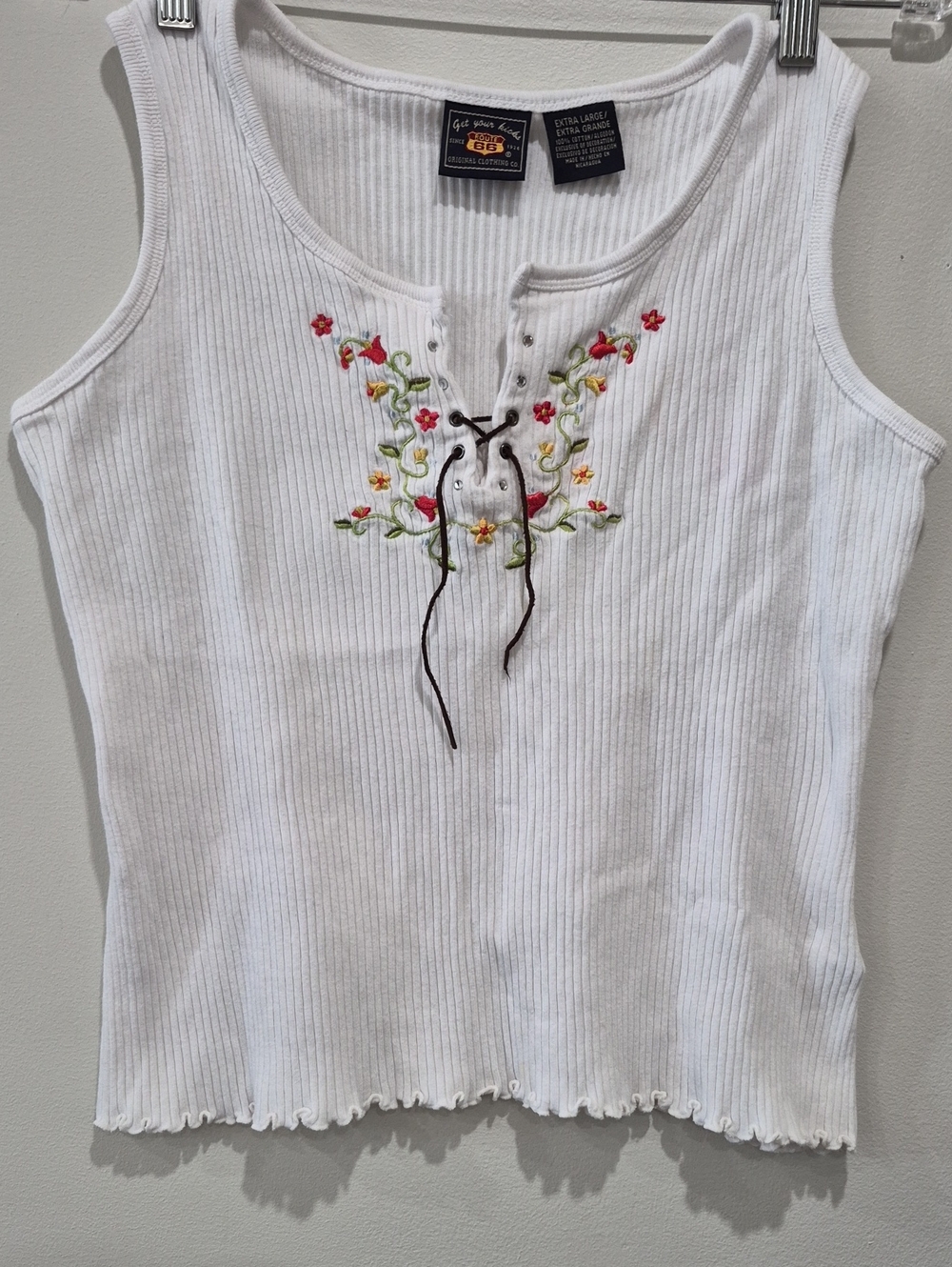 Route 66 White Ribbed Tank with Floral Embroidery and Lace-Up Front